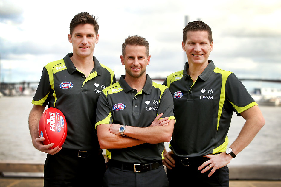 AFL 2016 Media - Grand Final Umpires Announcement MELBOURNE, AUSTRALIA - SEPTEMBER 27: (L-R) Matt Stevic, Scott Jeffery and Simon Meredith pose after the Grand Final Umpires announcement at AFL House on September 27, 2016 in Melbourne, Australia. (Photo by Justine Walker/AFL Media)